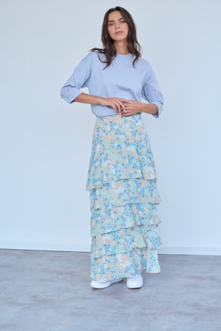 חצאית מקסי קומות ישרה דפוס פרחים בצבע תכלת