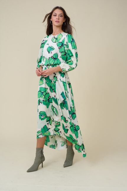 שמלת שיפון מודפסת עלים ירוקים עם דוגמת מעטפה וחגורת גומי במותן