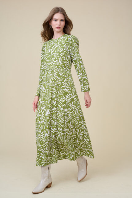 שמלה ישרה לנשים ונערות בדוגמת דפוס עלים ירוק